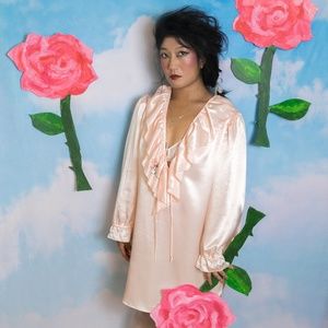 Hand Embroidered Rose Millennial Pink Ruffle Dress